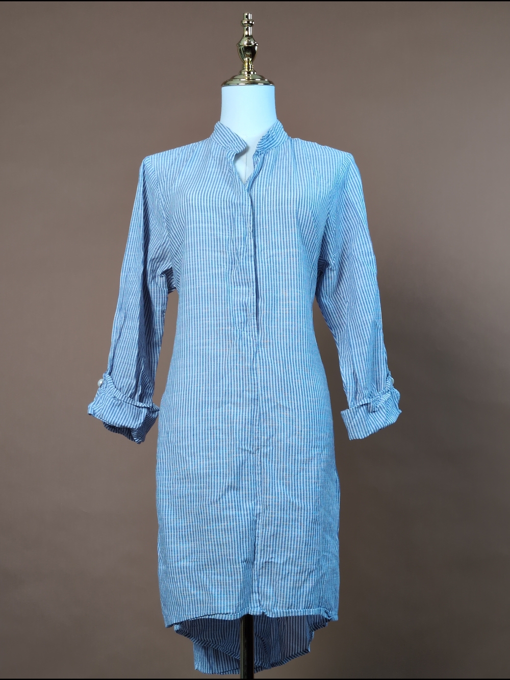 Chic ProSiptean Concept Striped Linen Shirt Dress in Blue Corporate Chic